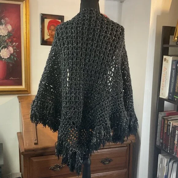 Vintage Handmade Black Crochet Shawl with Silver Highlights - Picture 3 of 16